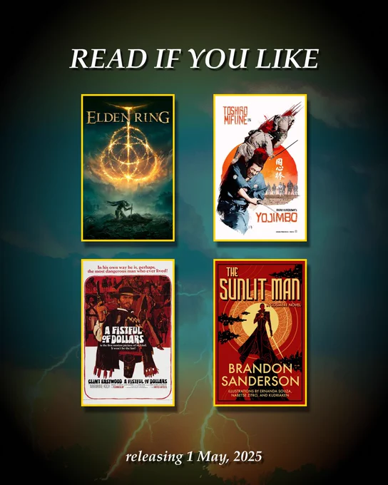Read Island of the Dying Goddess by Ronit J if you like: Elden Ring, Yojimbo, A Fistful of Dollars, or The Sunlit Man by Brandon Sanderson. Background features a raging thunderstorm. Text below reads “Releasing 1 May, 2025”.