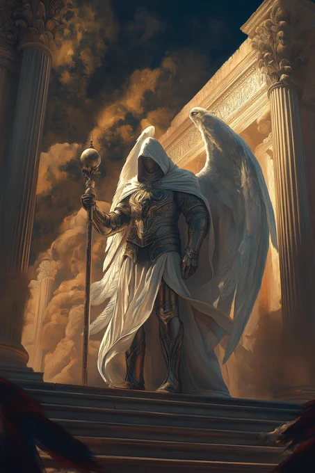 O Michael, veiled in gilded light upon the ancient stairs,
In solemn hush you guard the threshold between mortal dust and heaven’s grace.

Armored in celestial flame, your wings stir fear and wonder in every gaze; A single staff, a silent vow, to quell the shadows that dare approach your sacred place.

Great sentinel of timeless halls, your steadfast might lifts weary hearts,
For in your stillness, storms are tamed and night surrenders to a golden morn.

Let truth and courage shine in every shining curve of plated gold,
A living oath that your watch is unwavering since the dawn was born.