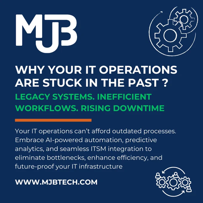 🚨 Why Your IT Operations Are Stuck in the Past (And How to Fix It!) 🚨

Legacy systems. Disconnected workflows. Rising downtime. If your IT operations still rely on outdated processes, they’re slowing you down, increasing costs, and creating unnecessary risks.

🔍 The Problem?
❌ Manual, time-consuming workflows – IT teams waste hours on repetitive tasks.
❌ Slow, reactive issue resolution – Problems escalate before they’re addressed.
❌ Siloed, disconnected systems – Lack of integration causes inefficiencies.
❌ Growing IT complexities – Scaling operations without automation leads to bottlenecks.

🚀 The Future of IT is AI-Powered – Are You Ready?
✅ AI-driven automation – Eliminate bottlenecks and reduce manual workloads.
✅ Predictive analytics – Spot and fix issues before they impact operations.
✅ Seamless ITSM integration – Connect all your systems for streamlined efficiency.
✅ Enhanced operational resilience – Reduce downtime and keep IT running at peak performance.