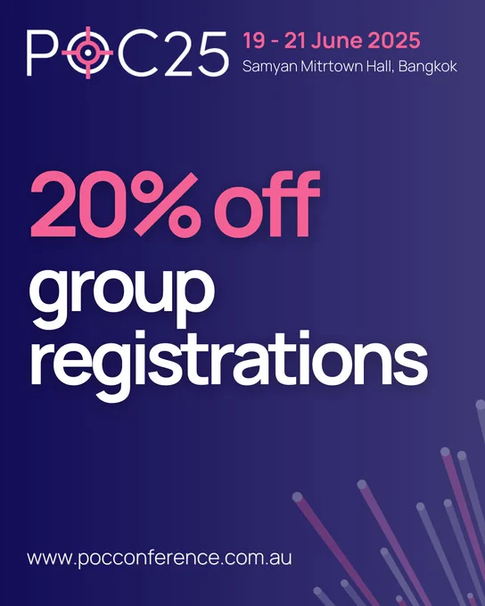 POC25 logo. Text reads: 19-21 June 2025 Samyan Mitrtown Hall, Bangkok. 20% Group Registrations. www.pocconference.com.au