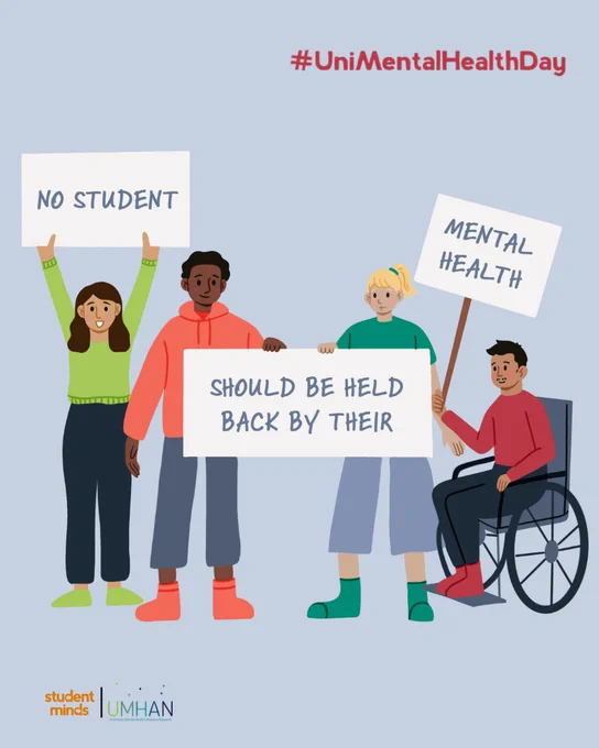 An illustration of 4 people holding signs that reads: No student should be held back by their mental health