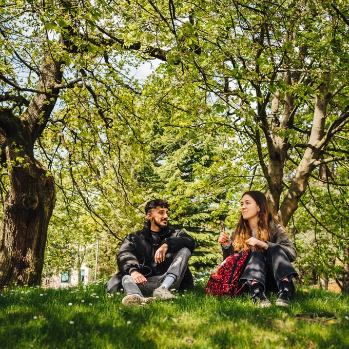 Two people sitting on the grass under trees on a sunny day, talking, and smiling.
