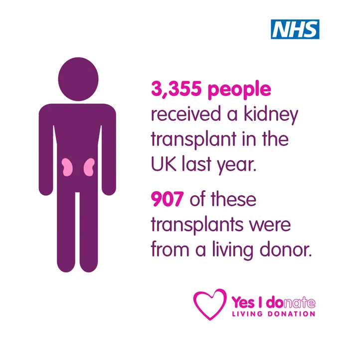 A graphic of a person, with two kidneys. Text reads: 3,355 people received a kidney transplant in the UK last year. 907 of these transplants were from a living donor.