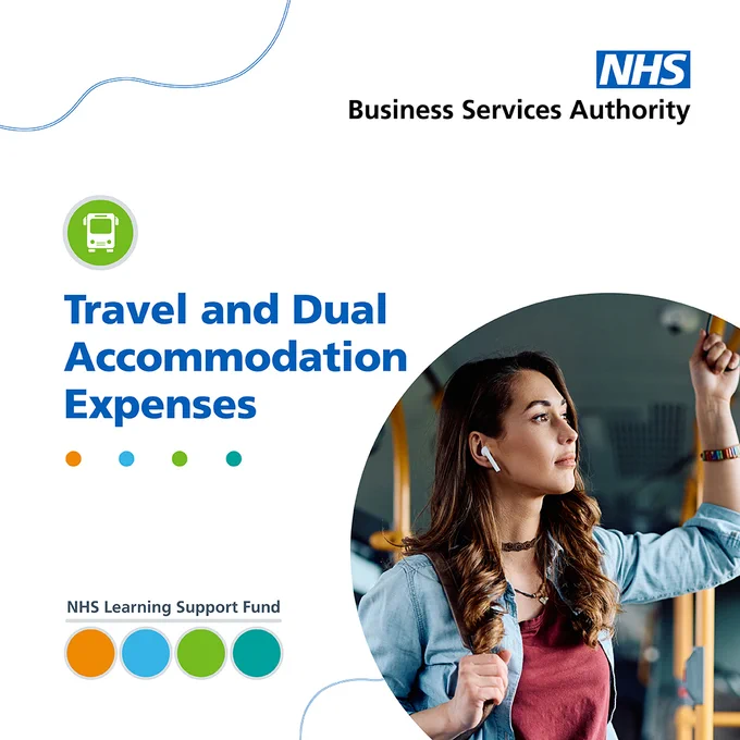 Image of person on bus, NHS logo, with text, 'Travel and Dual Accommodation Expenses'.