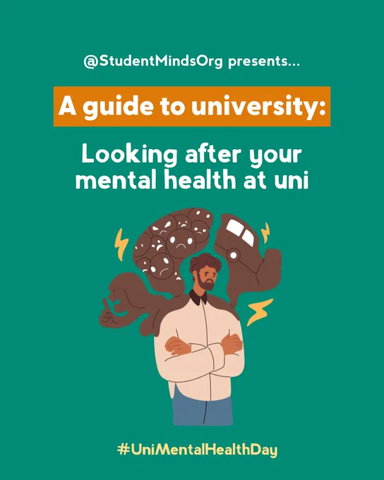 The graphic has an illustration of a person struggling with their thoughts, with text that reads: @StudentMindsOrg presents...
A guide to university:
Looking after your mental health at uni