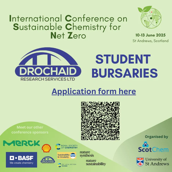 Pale green square with conference logos and text, sponsor logos and a QR code to access the student bursary application form.