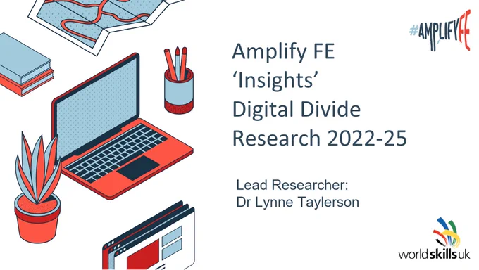 "Promotional graphic for Amplify FE Digital Divide Research 2022-25. Features a white background with red and blue stylized isometric illustrations of a laptop, stacked books, pencils in a cup, a potted plant, and a webpage. Text on the right reads 'Amplify FE 'Insights' Digital Divide Research 2022-25' and 'Lead Researcher: Dr Lynne Taylerson'. The hashtag '#AmplifyFE' is in the top right, and the WorldSkills UK logo is in the bottom right."
