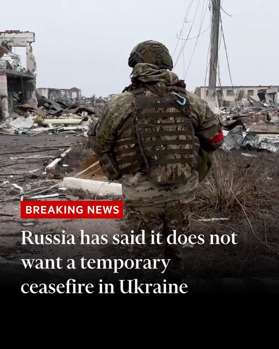 A photo of a Russian soldier in Ukraine. Headline text reads: 'Breaking news: Russia has said it does not want a temporary ceasefire in Ukraine'.