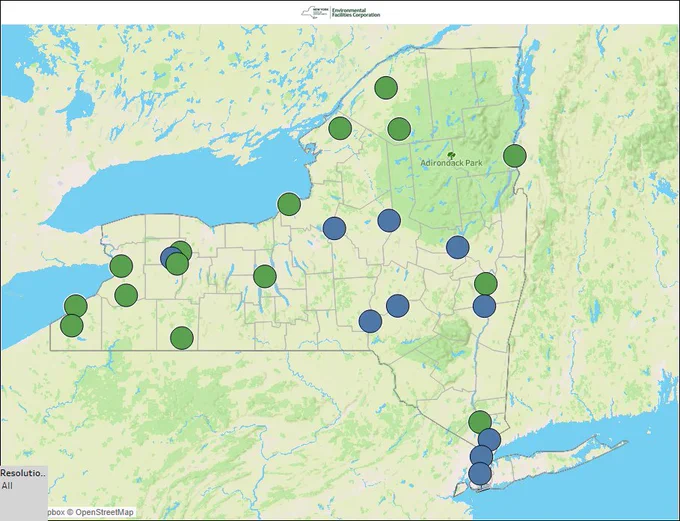 map of NYS with green and blue dots indicating project locations