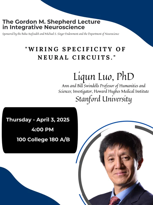 Flyer for Gordon M. Shepherd Lecture by Liqun Luo, PhD on April 3rd, 2025