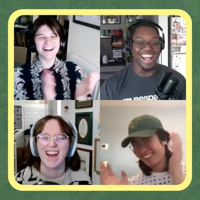 Ella, Caroline, Tom and guest Ify all laughing over a video call