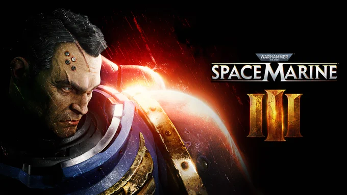 Asset announcing Space Marine 3:
Titus stands on the left, fierce and gazing into the distance. A red ray of light strikes his pauldron, illuminating half his face. The scene is shrouded in darkness, yet the gold of his breastplate gleams through. In the top right corner, the Space Marine 3 logo stands prominently.