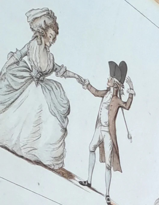A close-up of two characters on the Long Minuet where you can see the grey cheeks that once would have been rosy.