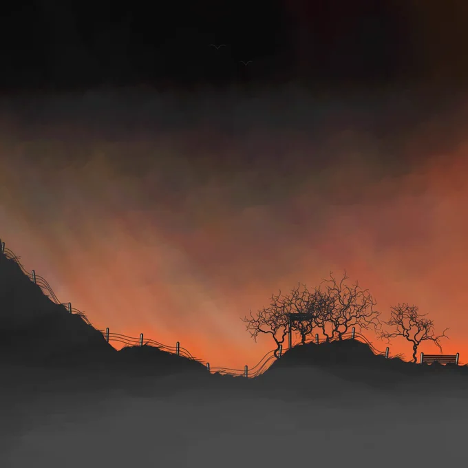 A dark, atmospheric landscape featuring a rugged, silhouetted mountain and drifting, layered clouds, tinged with dark greys, burnt oranges, yellows, lilacs, blues and deep pinks. In the foreground, barbed wire fences sit on top of the ridge; chance of a gate. Soft mist blows across the foreground. Birds soar on the wind.

The "Golden Hour" refers to the period shortly after sunrise and just before sunset when the sunlight is softer and warmer compared to the rest of the day. This time is highly valued by photographers and filmmakers because the light is less harsh, creating beautiful, natural lighting conditions.
