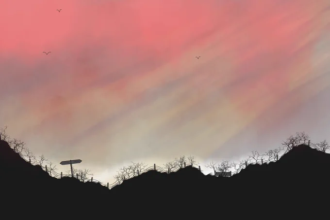 A dark, atmospheric landscape featuring a rugged, silhouetted mountain and drifting, layered clouds, tinged with dark greys, burnt oranges, yellows, lilacs, blues and deep pinks. In the foreground, barbed wire fences sit on top of the ridge; chance of a gate. Soft mist blows across the foreground. Birds soar on the wind.

The "Golden Hour" refers to the period shortly after sunrise and just before sunset when the sunlight is softer and warmer compared to the rest of the day. This time is highly valued by photographers and filmmakers because the light is less harsh, creating beautiful, natural lighting conditions.