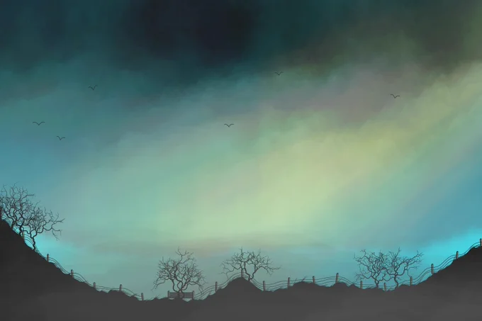 A dark, atmospheric landscape featuring a rugged, silhouetted mountain and drifting, layered clouds, tinged with dark greys, burnt oranges, yellows, lilacs, blues and deep pinks. In the foreground, barbed wire fences sit on top of the ridge; chance of a gate. Soft mist blows across the foreground. Birds soar on the wind.

The "Golden Hour" refers to the period shortly after sunrise and just before sunset when the sunlight is softer and warmer compared to the rest of the day. This time is highly valued by photographers and filmmakers because the light is less harsh, creating beautiful, natural lighting conditions.