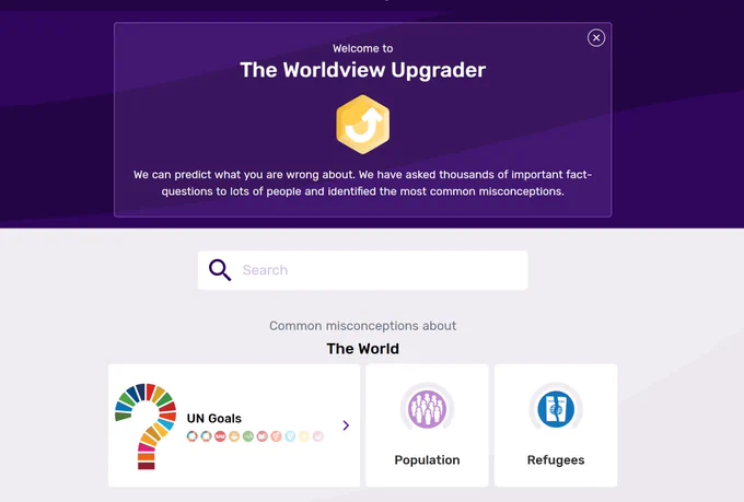 The image is a screenshot of the Gapminder website titled "The Worldview Upgrader." It features a pop-up welcome message at the top, a search bar, and three clickable icons representing different categories of information: UN Goals, Population, and Refugees. The design is modern with a purple and white color scheme.