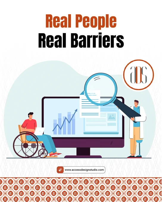 A graphical representation of a man is sitting in a wheelchair and another man is checking codes in a website.