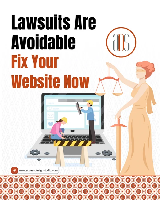 A graphical representation of two people building a website together and Lady Justice is standing next to them.