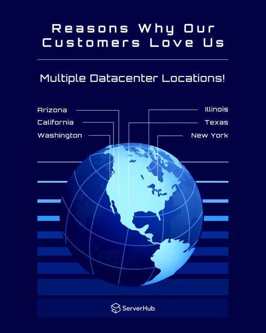 #ServerHub presents its  its latest Service Promotion for March 2025, which states that "Reasons Why Our Customers Love Us: Multiple Datacenter Locations!"