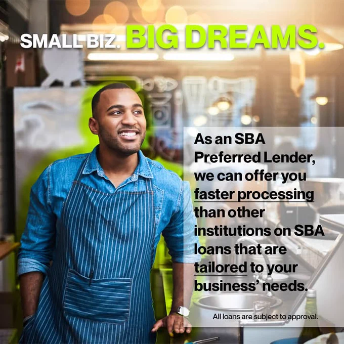 Small Biz. Big Dreams." Promotional image featuring a smiling entrepreneur in a creative workshop setting with a text overlay about the advantages of SBA loans for faster processing compared to other financial institutions. All loans are subject to approval.