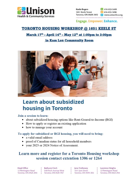 Flyer for a Toronto housing workshop, featuring event details and visuals related to housing resources and community support.

