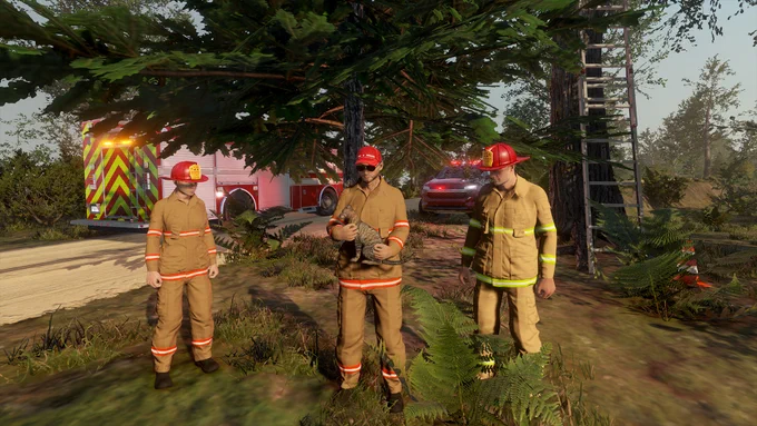 A screenshot from the game Flashing Lights, showing three firefighters stood next to a tree with a ladder erected by it. The firefighter in the centre is holding a cat in his arms. Emergency fire vehicles can be seen in the background.