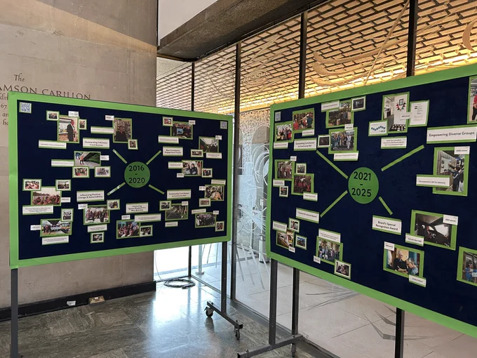 Photo showing some ‘Cheers to 20 years’ display boards in the foyer.