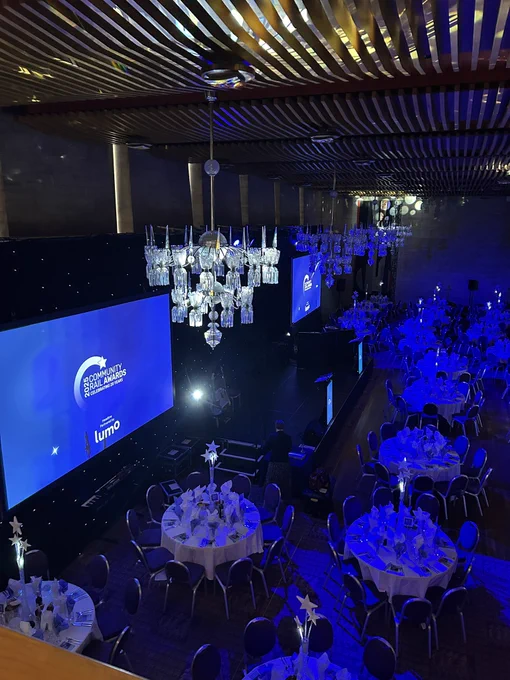 Photo showing an aerial view of the awards banquet hall.
