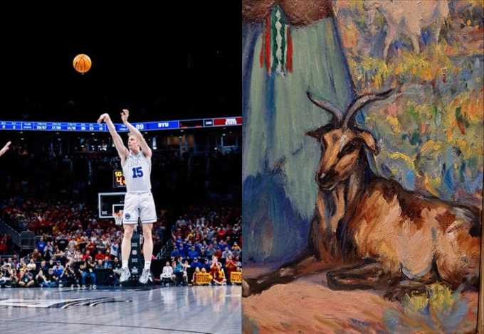 A photo of Richie Saunders and a painting of a goat