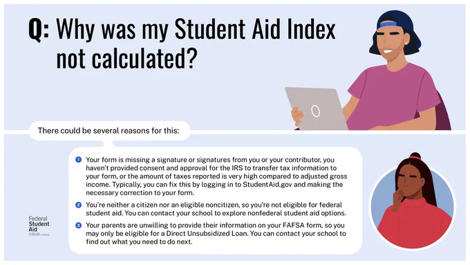 Q: Why was my Student Aid Index not calculated?​

A: There could be several reasons for this:​

Your form is missing a signature or signatures from you or your contributor, you haven’t provided consent and approval for the IRS to transfer tax information to your form, or the amount of taxes reported is very high compared to adjusted gross income. Typically, you can fix this by logging in to StudentAid.gov and making the necessary correction to your form.​

You’re neither a citizen nor an eligible noncitizen, so you’re not eligible for federal student aid. You can contact your school to explore nonfederal student aid options.​

Your parent(s) are unwilling to provide their information on your FAFSA form, so you may only be eligible for a Direct Unsubsidized Loan. You can contact your school to find out what you need to do next.​