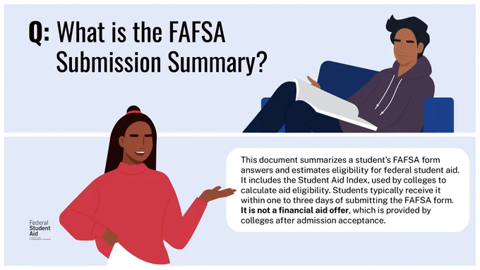 Q: What is the FAFSA Submission Summary?​

A: This document summarizes a student’s FAFSA form answers and estimates eligibility for federal student aid. It includes the Student Aid Index, used by colleges to calculate aid eligibility. Students typically receive it within one to three days of submitting the FAFSA form. It is not a financial aid offer, which is provided by colleges after admission acceptance.​
