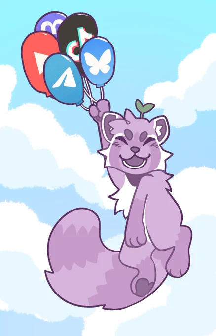 Joy the purple raccoon holding a bundle of balloons that each have the logo of Mastodon, Youtube, TikTok, Telegram, and Bluesky. They're floating up into the clouds with a huge smile on their face.