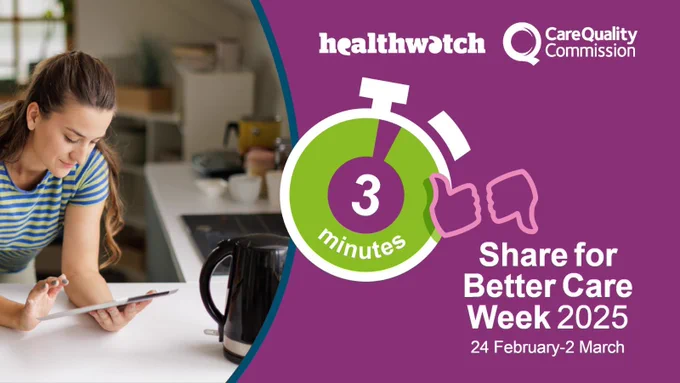 73% think about their health at least once a week. Photo of a young woman looking at her digital tablet whilst leaning on a table in her house. Logos for Healthwatch, Care Quality Commission and Share for Better Care Week.
