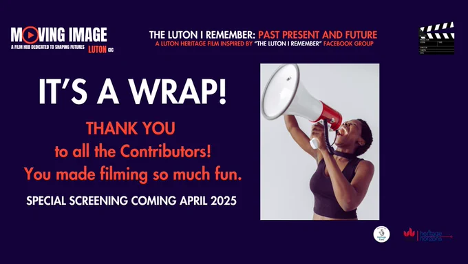 Photo of a woman with a loud hailer close to her mouth. Words read "IT'S A WRAP! THANK YOU to all the Contributors! You made filming so much fun. SPECIAL SCREENING COMING APRIL 2025."
