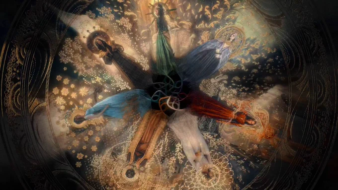 A still from the opening credits showing a wheel pattern with seven women as the spokes. They are all dressed in different colors. 