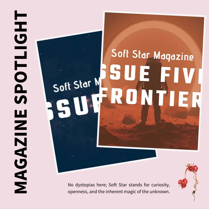 On a pale pink background are to cover images from Soft Star Magazine overlapping each other. On the left, vertical black text reads "MAGAZINE SPOTLIGHT." Beneath the cover images, black text reads "No dystopias here; Soft Star stands for curiosity, openness, and the inherent magic of the unknown." The Wishbone Words logo is in the bottom right corner.