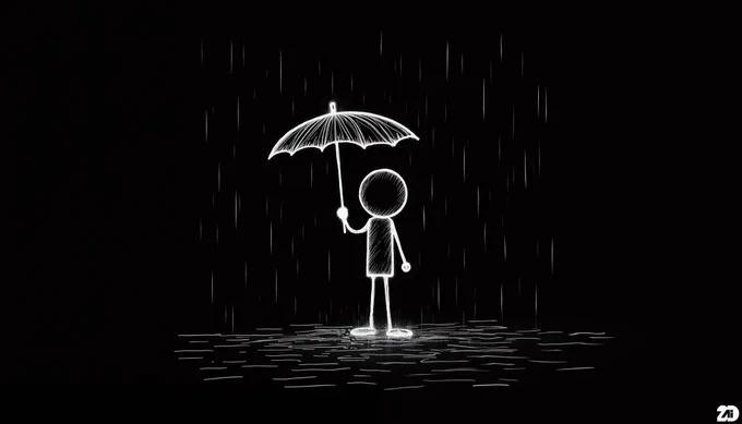 Prompt: a minimalistic hand drawn figure with round head and thin body, character holding an umbrella in the rain, hand drawn style using thin white lines on a black background, the overall design is minimalistic, without shading or intricate details