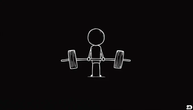 Prompt: a minimalistic hand drawn figure with round head and thin body, character lifting a barbell, hand drawn style using thin white lines on a black background, the overall design is minimalistic, without shading or intricate details