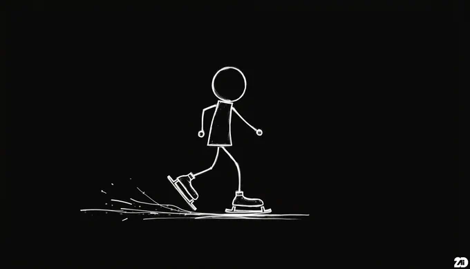 Prompt: a minimalistic hand drawn figure with round head and thin body, character ice skating, hand drawn style using thin white lines on a black background, the overall design is minimalistic, without shading or intricate details