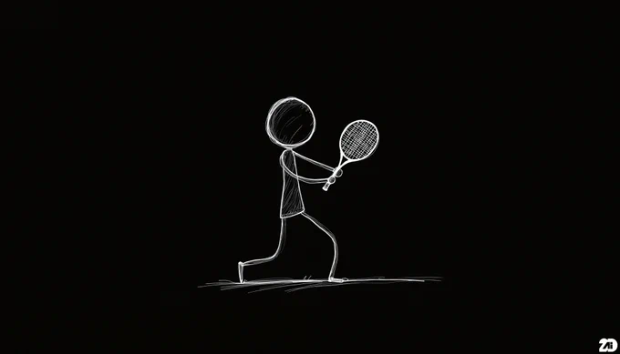 Prompt: a minimalistic hand drawn figure with round head and thin body, character playing tennis, hand drawn style using thin white lines on a black background, the overall design is minimalistic, without shading or intricate details