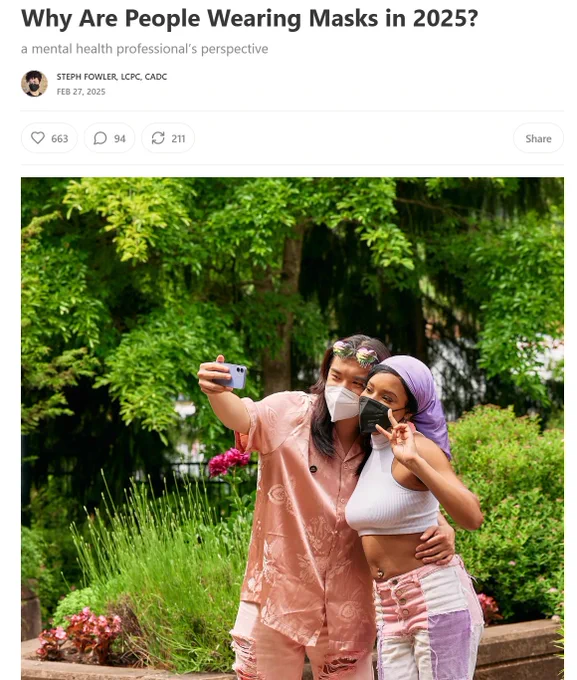 A screenshot of an article entitled Why Are People Wearing Masks in 2025? There is a photograph of a man and a woman taking a selfie in front of a garden with trees, wearing masks.