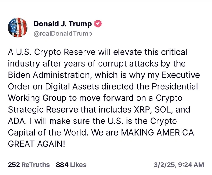 Krasnov annonserer ein "U.S. Crypto reserve". Tydeleg skrive av nokon andre for han brukar ikkje berre store bokstavar og teksten ser ut som kan vere skriven av nokon eldre enn 11 år.