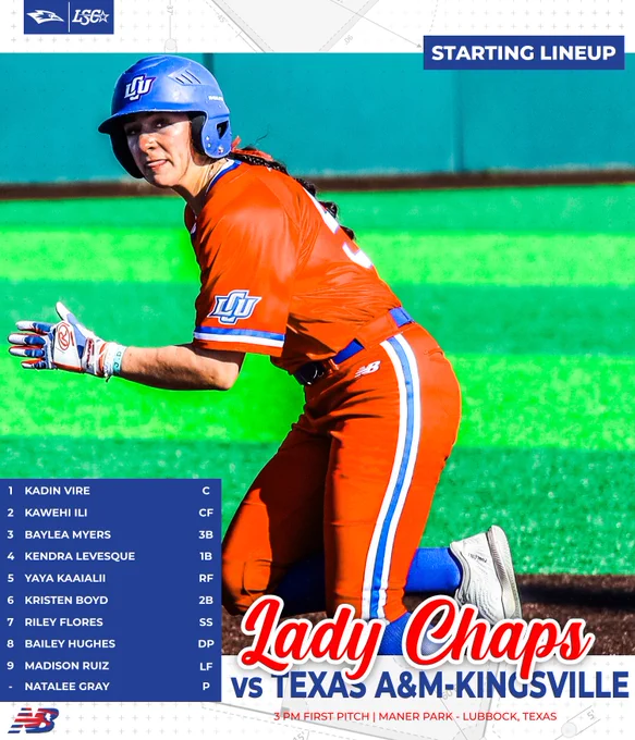 The image features Madison Ruiz, a softball player wearing an orange and blue uniform with white accents, representing Lubbock Christian University (LCU). She is in an athletic stance, appearing ready to run, with a determined expression on her face. She is also wearing a blue helmet with the LCU logo, batting gloves, and cleats on a turf field with a green outfield.

Overlaying the image is a graphic displaying the starting lineup for the "Lady Chaps" (LCU) against Texas A&M-Kingsville. The lineup lists the players and their positions, with Madison Ruiz listed as the left fielder (LF). Additional text at the bottom provides game details, including a 3 PM first pitch at Maner Park in Lubbock, Texas. The image includes logos for LSC (Lone Star Conference) and New Balance.