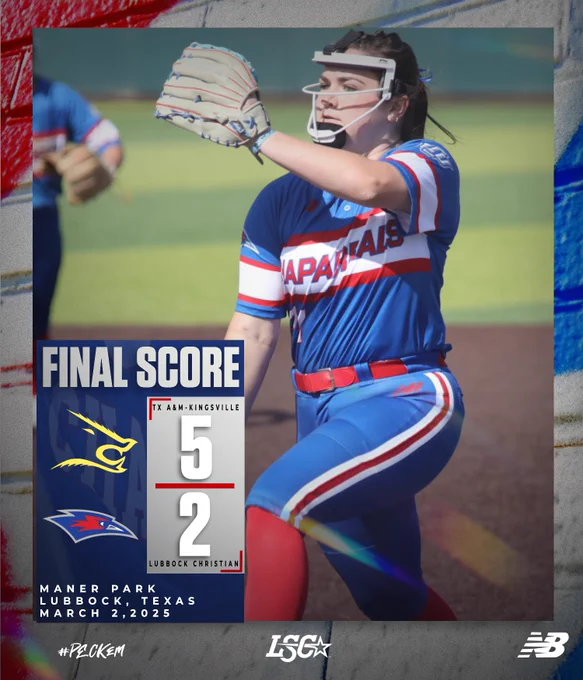 The image features Natalee Gray, a softball player for Lubbock Christian University (LCU), wearing the team's blue, red, and white uniform. She is pitching with a focused expression, wearing a protective face mask and a tan softball glove. The background shows the infield of the field with another player slightly out of focus.

Overlaying the image is a graphic displaying the final score of the game between Texas A&M-Kingsville and Lubbock Christian. Texas A&M-Kingsville won with a score of 5-2. The game details, including the location (Maner Park, Lubbock, Texas) and date (March 2, 2025), are included at the bottom, along with the LSC (Lone Star Conference) and New Balance logos.