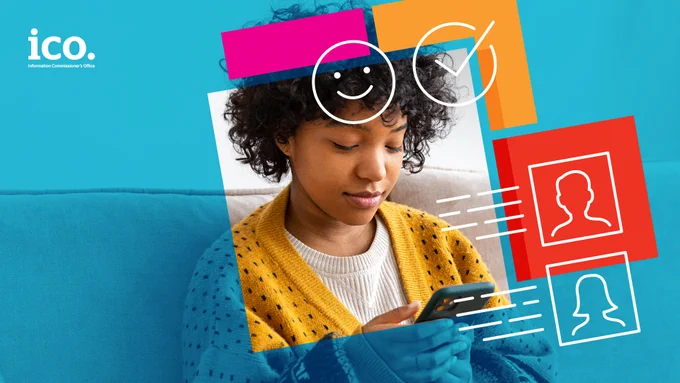 A young girl with curly hair is sat on a sofa playing on a phone. There are icons around her of different images being recommended to here and a tick to show which one's she has enjoyed to represent recommender systems. 
