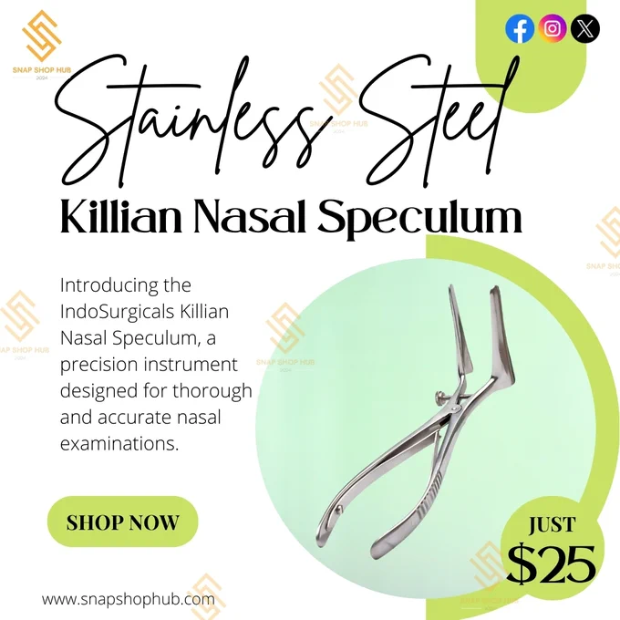 A high-quality image of the IndoSurgicals Killian Nasal Speculum displayed against a clean, white background. The speculum is made of polished stainless steel, showcasing its robust and durable construction. The instrument features an ergonomic design with smooth, curved handles for comfortable grip and precise control during medical procedures. The caption highlights key attributes such as stainless steel construction, ergonomic design, and easy sterilization. Additional hashtags and a call-to-action invite healthcare professionals to upgrade their medical toolkit by purchasing the speculum from Snap Shop Hub.