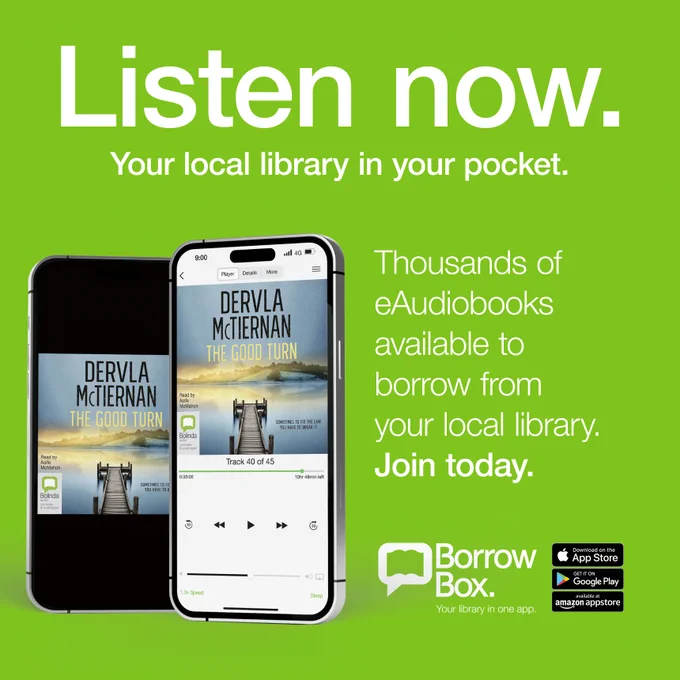 Listen now. Your local library in your pocket.
Tablet and mobile phone playing eaudiobook of The Good Turn by Dervla McTiernan