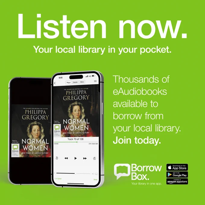 Listen now. Your local library in your pocket.
Tablet and mobile phone playing eaudiobook of Normal Women by Philippa Gregory