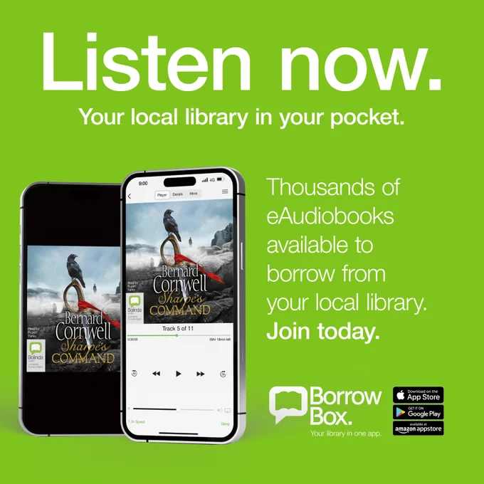 Listen now. Your local library in your pocket.
Tablet and mobile phone playing eaudiobook of Sharpe's Command by Bernard Cornwell